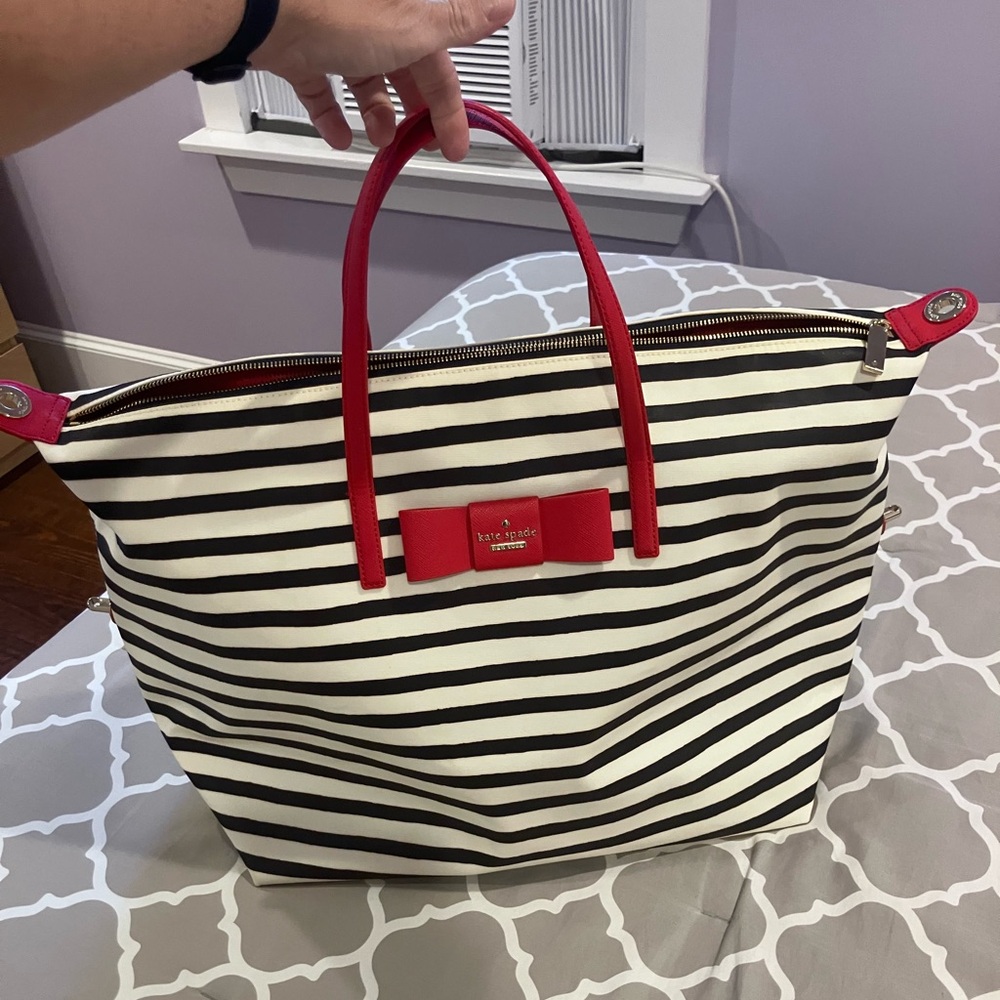 Kate Spade Lyla Weekender cream black striped red bow tote.  Julia street. RARE